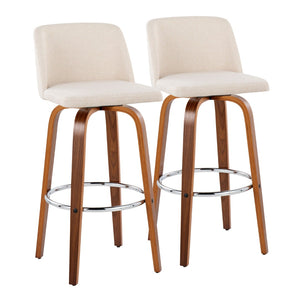 English Elm Toriano 30" Mid-Century Modern Barstools Set Of 2 With Swivel, Walnut Wood & Cream Fabric Comfort B202S00676-GIGA