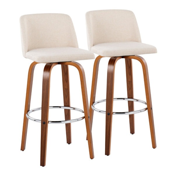 English Elm Toriano 30" Mid-Century Modern Barstools Set Of 2 With Swivel, Walnut Wood & Cream Fabric Comfort B202S00676-GIGA