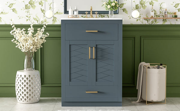 English Elm 24" Stylish Blue Bathroom Vanity With Ceramic Sink, 2 Storage Doors & Tip-Out Drawer For Organization N710P341037C