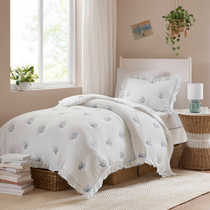 English Elm 2-piece Floral Embroidered Twin Quilt Set Romantic Ruffled Border Soft Down Alternative Fill White+Blue B035P463189