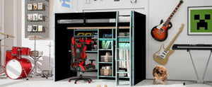 English Elm Full Size Loft Bed with Rgb Lighting Desk Open Wardrobe and Storage for Gaming Rooms Blue LT000277AAC
