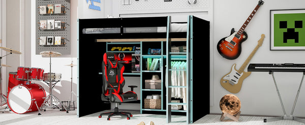 English Elm Full Size Loft Bed with Rgb Lighting Desk Open Wardrobe and Storage for Gaming Rooms Blue LT000277AAC
