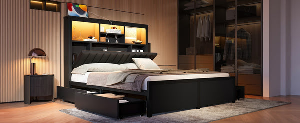 English Elm Queen Storage Bed Frame with Led Lighting Charging Station and Four Under Drawers W1670S00031