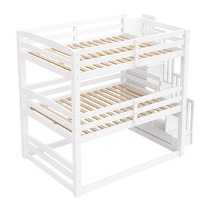 English Elm Full Size Triple Bunk Bed Solid Pine Frame with Storage Staircase Separate Convertible Design White N7090000477K