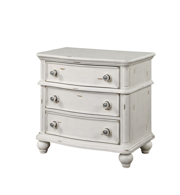 English Elm Jaqueline Antique White Nightstand with 3 Drawers, Felt-Lined Top, Wooden Bun Legs, 40lb Top Capacity B2726P287327