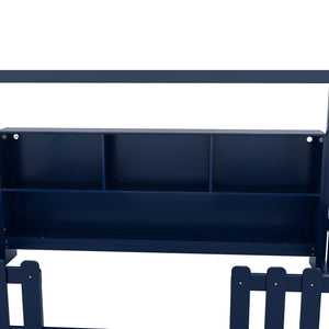 English Elm Twin House Bed with LED Light and Built-In Bookshelf, Solid Wood Playhouse Design for Kids Safety Navy Blue 78.15 L x 15.75 W x 6.1 H W2593P269090