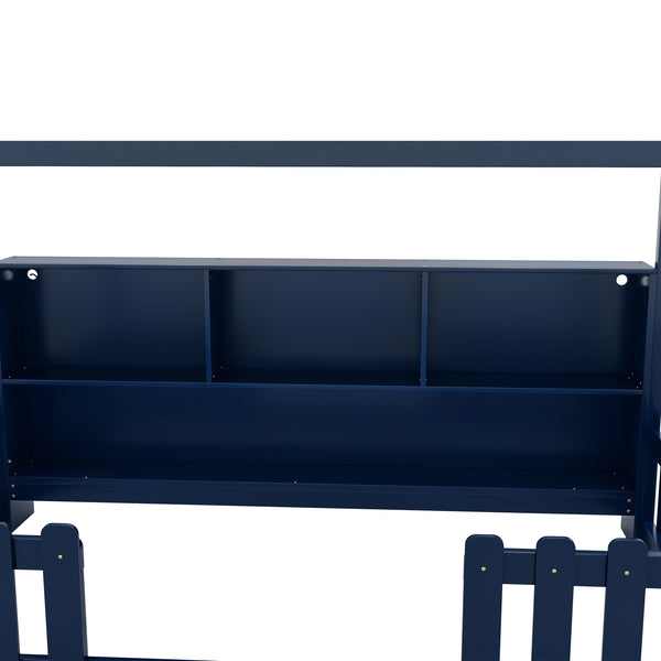 English Elm Twin House Bed with LED Light and Built-In Bookshelf, Solid Wood Playhouse Design for Kids Safety Navy Blue 78.15 L x 15.75 W x 6.1 H W2593P269090