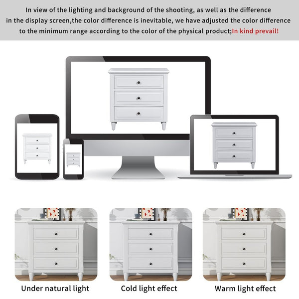English Elm U_style Three Drawer Painted Nightstand Rubberwood Legs Minimalist Bedside Storage Cabinet White WF319366AAK