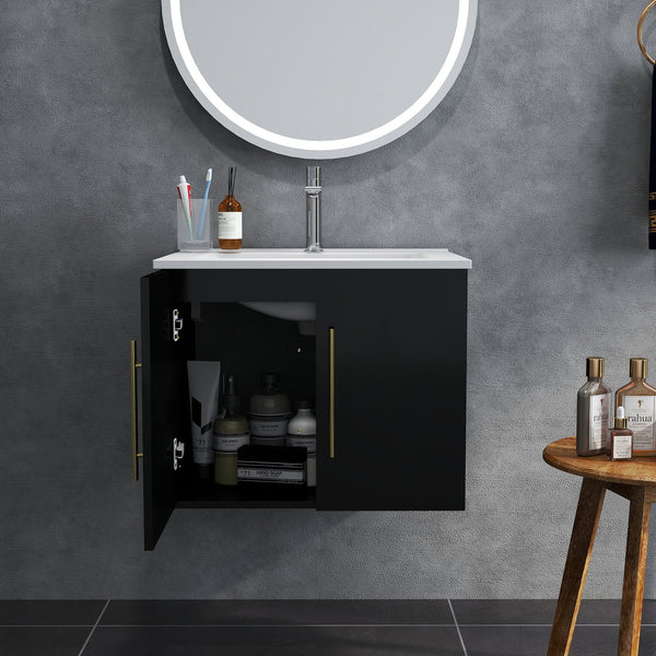 English Elm 24-Inch Wall-Mounted Bathroom Vanity With Gold Accents, Soft-Close Doors & Ample Storage Space W3151S00034