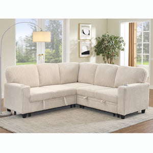 English Elm L-Shaped Sofa with Pull-Out Bed and Storage, 5-Seat Sectional with USB, Cup Holders, Cozy Chenille Beige W1998S00075