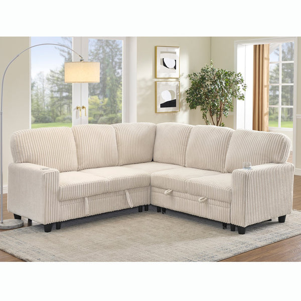 English Elm L-Shaped Sofa with Pull-Out Bed and Storage, 5-Seat Sectional with USB, Cup Holders, Cozy Chenille Beige W1998S00075