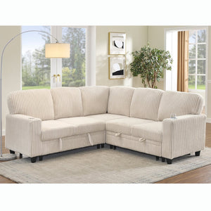English Elm L-shaped Sectional Sleeper Sofa with Hidden Storage Usb Charging Corduroy Upholstery Beige W1998S00093