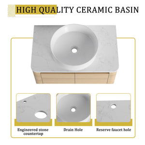 English Elm 54'' Wall-Mounted Bathroom Vanity With Elegant Ceramic Sink, Soft-Close Doors, And Ample Storage W999S00475
