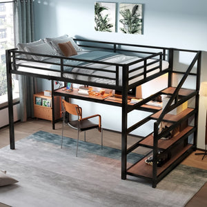 English Elm Queen Loft Bed With Desk, Storage Stairs, Led Lights & Usb Ports – Perfect For Modern Living Spaces! W1580S00477-GIGA
