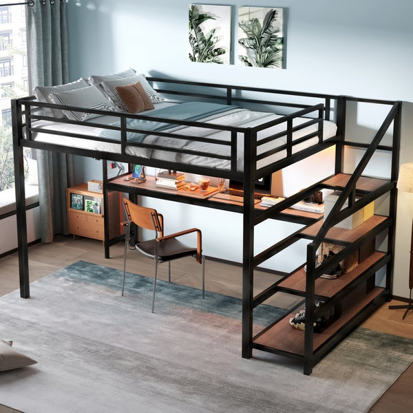 English Elm Queen Loft Bed With Desk, Storage Stairs, Led Lights & Usb Ports – Perfect For Modern Living Spaces! W1580S00477-GIGA