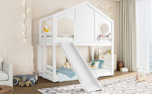 English Elm Full Bunk Bed with Trundle Bookshelf Storage Pine Frame Car Design for Kids Light White W1580S00464