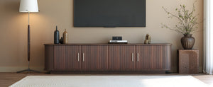 English Elm 70-inch Media Console with Sliding Groove Doors Solid Pine Legs and Cable Management N710P427898P