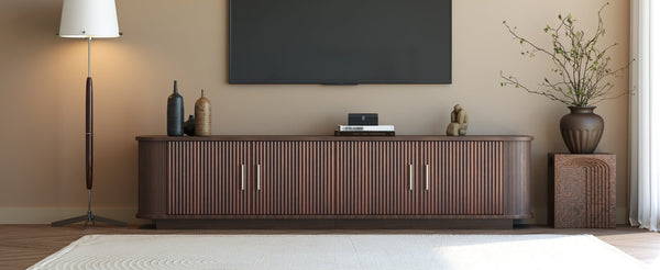 English Elm 70-inch Media Console with Sliding Groove Doors Solid Pine Legs and Cable Management N710P427898P