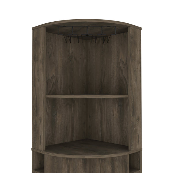 English Elm Seattle Corner Bar Cabinet with 8 Bottle Cubbies, Glass Racks & 2 Open Display Shelves — Modern Elegance B128P176131