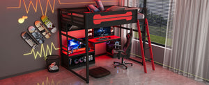 English Elm Full Size Gaming Loft Bed with Built-in Desk Led Lighting Usb Ports and Pegboard Black+Red LT000270AAR