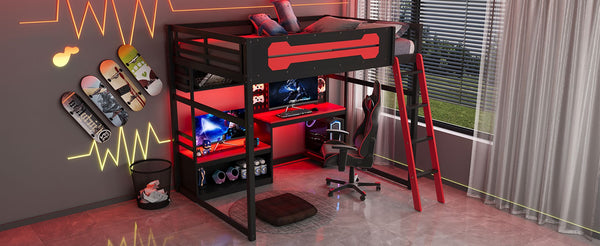 English Elm Full Size Gaming Loft Bed with Built-in Desk Led Lighting Usb Ports and Pegboard Black+Red LT000270AAR