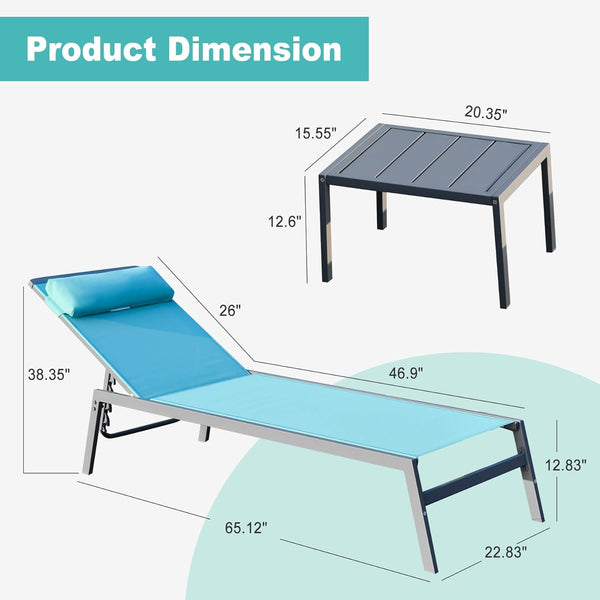 English Elm Patio Lake Blue 3-Piece Chaise Lounge Set — Aluminum Textilene Recliners, 5-Position Adjustable, Quick-Dry UV-Resistant 2 Chairs + Table W1859P225800