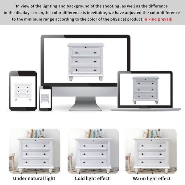 English Elm U_style Minimalist 3 Drawer Nightstand with Pull Out Tray Rubberwood Legs Bedroom Storage White WF319367AAK