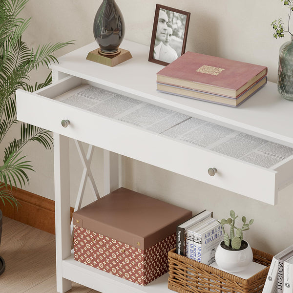 English Elm Console Farmhouse Console Table with Drawer and Open Shelves for Entryway Living Room Storage White T3771P356250