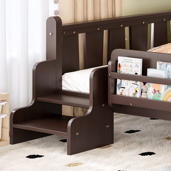 English Elm Twin Pine Floor Bed for Kids with Side Bookcases Built-in Stairs and Safety Guardrails Espresso W1580P390226