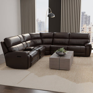 English Elm 6-Piece Performance Fabric Power Reclining Sectional with USB Charging, Hidden Console, Cup Holders Dark Brown B339S00001