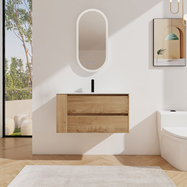 English Elm 36" Wall Mounting Bathroom Vanity With Ceramic Sink, Side Adjustable Shelf, Soft-Close Drawers, Water-Resistant Plywood Finish W999S00142