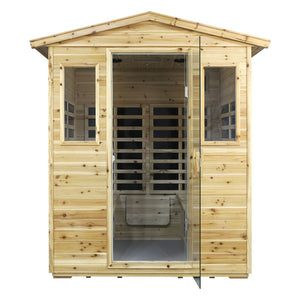 English Elm Four Person Outdoor Infrared Sauna with Solid Fir Wood Bluetooth Audio Low Emf Panels W632S00032