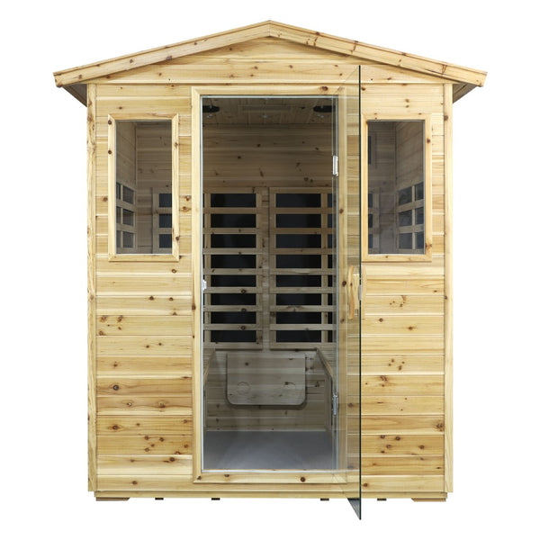 English Elm Four Person Outdoor Infrared Sauna with Solid Fir Wood Bluetooth Audio Low Emf Panels W632S00032
