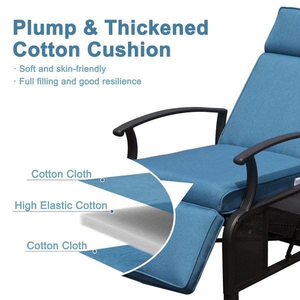 English Elm Adjustable Patio Recliner Chair with Flip Side Table, Ergonomic Cushions, Heavy-Duty Steel, 350lb Support Blue W1859P196390
