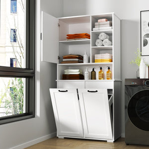 English Elm Laundry Cabinet with Tilt-Out Hampers, Adjustable Shelves, Freestanding White Storage Organizer W331S00168