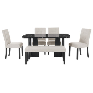 English Elm 6 Piece Dining Set with Rectangular Solid Wood Table, Upholstered Chairs & Bench, Rustic Charm, Easy Assembly, Seats 6 Beige,Black N752S000011A
