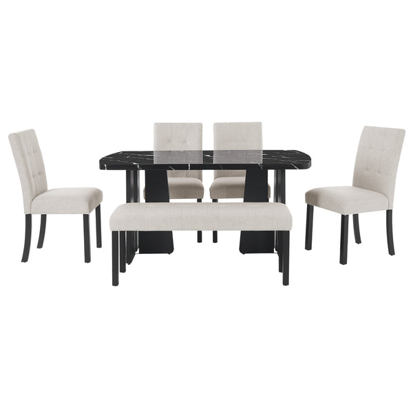 English Elm 6 Piece Dining Set with Rectangular Solid Wood Table, Upholstered Chairs & Bench, Rustic Charm, Easy Assembly, Seats 6 Beige,Black N752S000011A