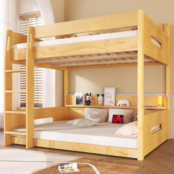 English Elm Queen Over Pine Bunk Bed with Built-in Shelves and Usb Charging Ports Wood N7090002238D