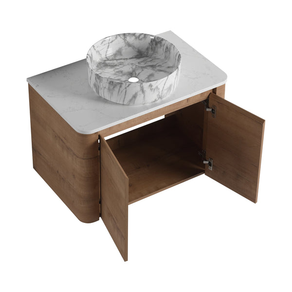 English Elm 30'' Wall-Mounted Bathroom Vanity With Elegant Ceramic Art Sink, Soft-Close Doors & Space-Saving Design W999S00390