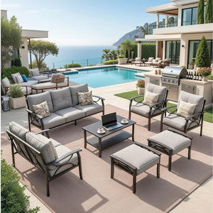 English Elm 7-piece Outdoor Sectional Set Steel Frame 9 Seat Patio Conversation with Cushioned Ottomans Gray B082S00125