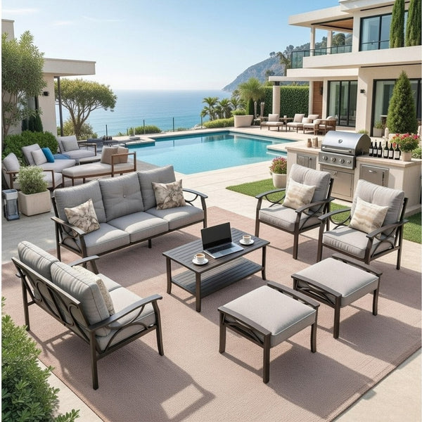 English Elm 7-piece Outdoor Sectional Set Steel Frame 9 Seat Patio Conversation with Cushioned Ottomans Gray B082S00125