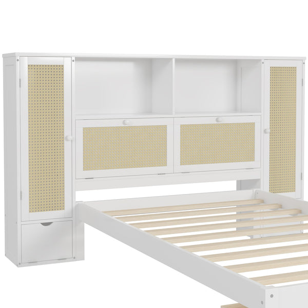 English Elm Twin Multifunctional Bed with Rattan Headboard Storage, Drawer & Shelves — Space-Saving Pine Design White 50.4 L x 19.8 W x 5.5 H N733S241280K
