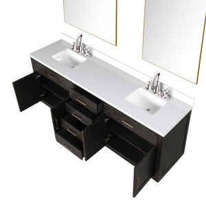 English Elm Brown Oak Double Bath Vanity 84" W, White Quartz Top, Chrome Faucets & 36" Mirrors For Elegance B2731S01815