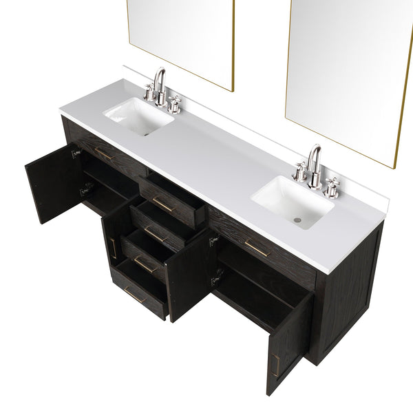 English Elm Brown Oak Double Bath Vanity 84" W, White Quartz Top, Chrome Faucets & 36" Mirrors For Elegance B2731S01815