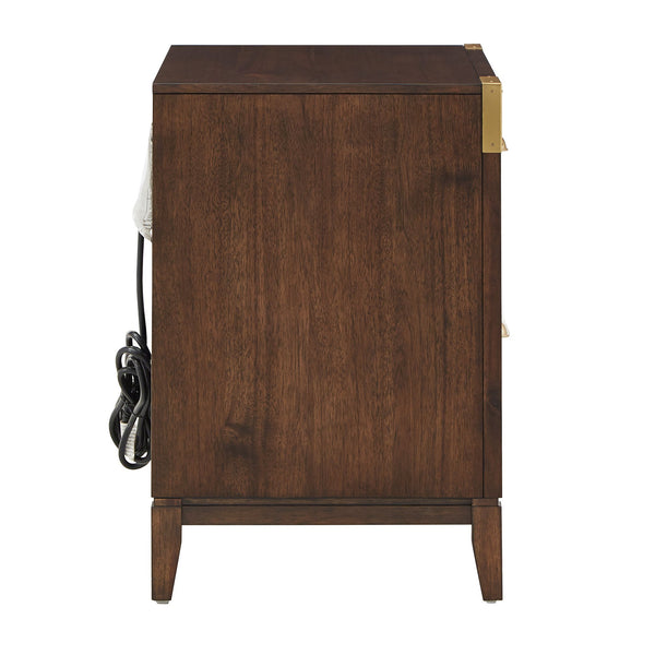 Julius Walnut 2-drawer Nightstand with Usb Ports and Gold Hardware