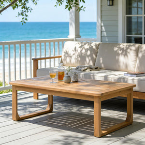 English Elm Acacia Solid Wood Outdoor Coffee Table Slatted Teak Finish Curved Legs Patio Deck N770P378689L