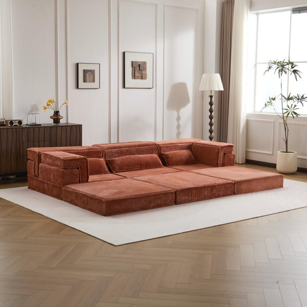 English Elm Compression Modular Sofa Bed - Oversized Convertible Sectional With Plush Fleece & 3 Pillows, Orange W3723S00018