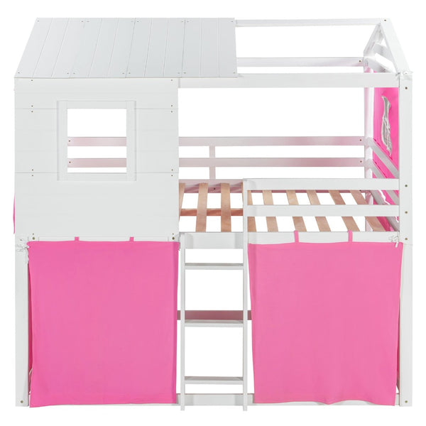 English Elm Full Size Kids Playhouse Bunk Bed Pinewood Frame with Tent Roof and Window Cutouts Pink LT000380AAH-1