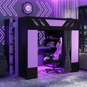 English Elm Full Size Loft Bed with Desk Blackout Curtains Rgb Lighting and Integrated Storage Purple+Black LT000377AAI