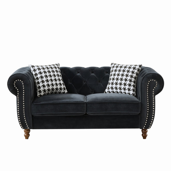 English Elm 67"Chesterfield Velvet 2-Seater Sofa with Nailhead Trim, Roll Arms, Hardwood Frame, Luxurious Comfort Black W3373S00011